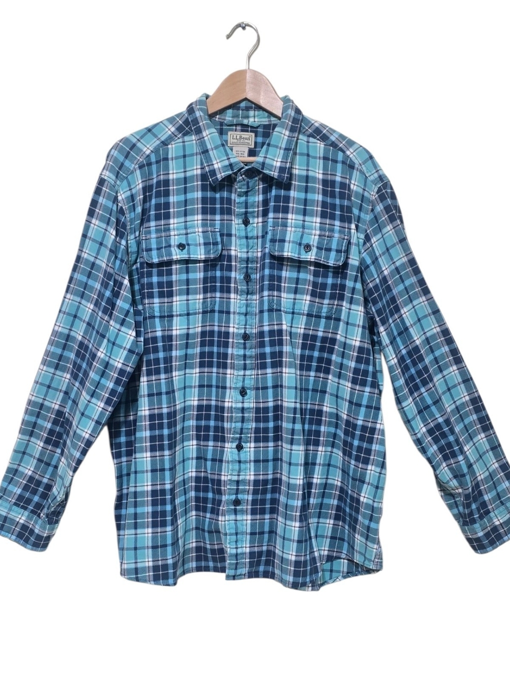 L.L.Bean Blue Teal Plaid Flannel Button Up Long sleeve Shirt Men XXL Cotton Gorp